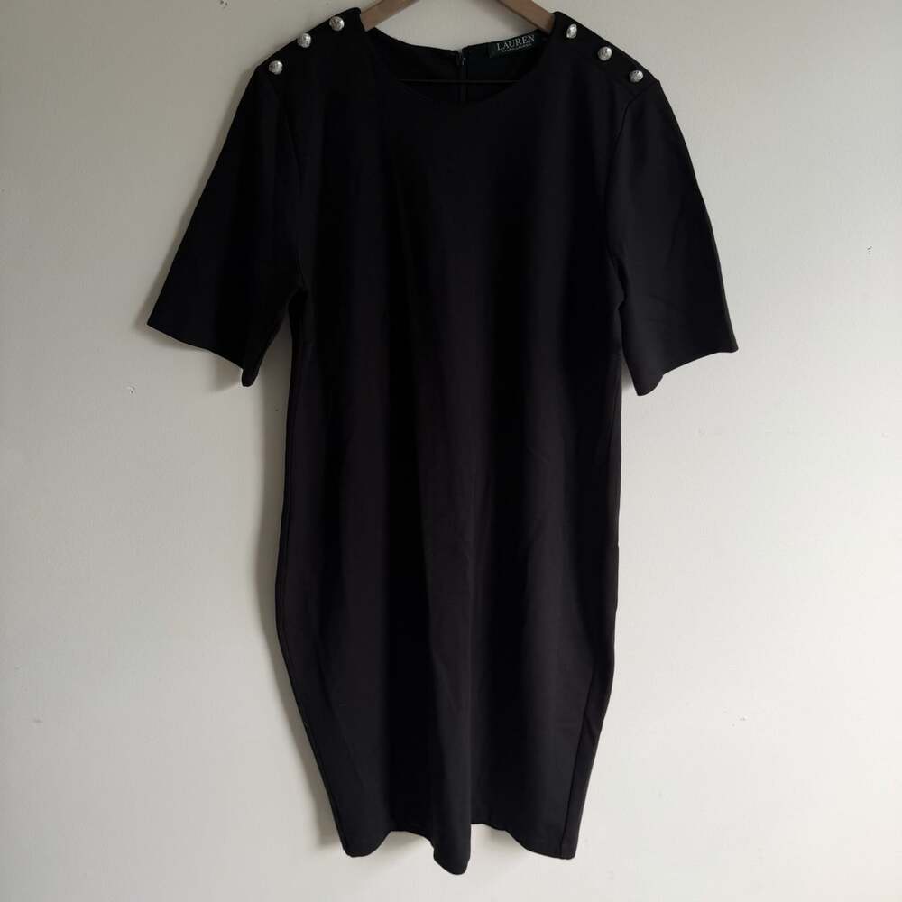 Lauren Ralph Lauren Black Dress XL Stretch Ponte Jersey Silver Button Shift